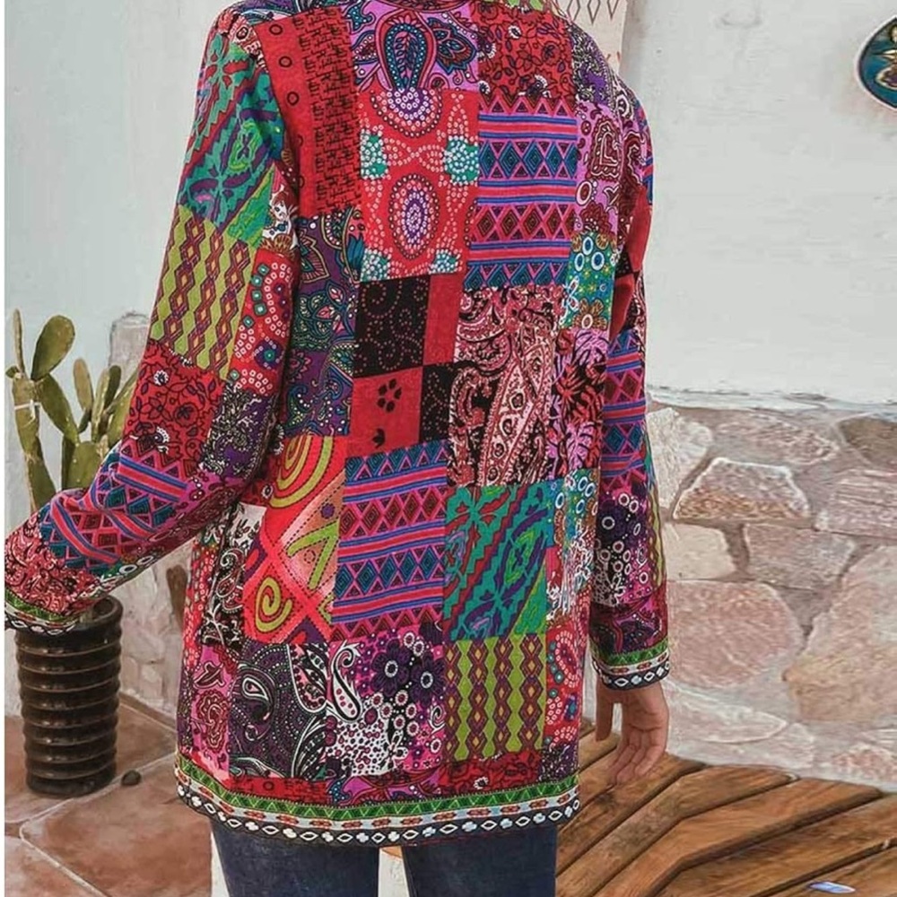 Multicolor Patchwork Open-Front Women's Jacket - Picture 4 of 10